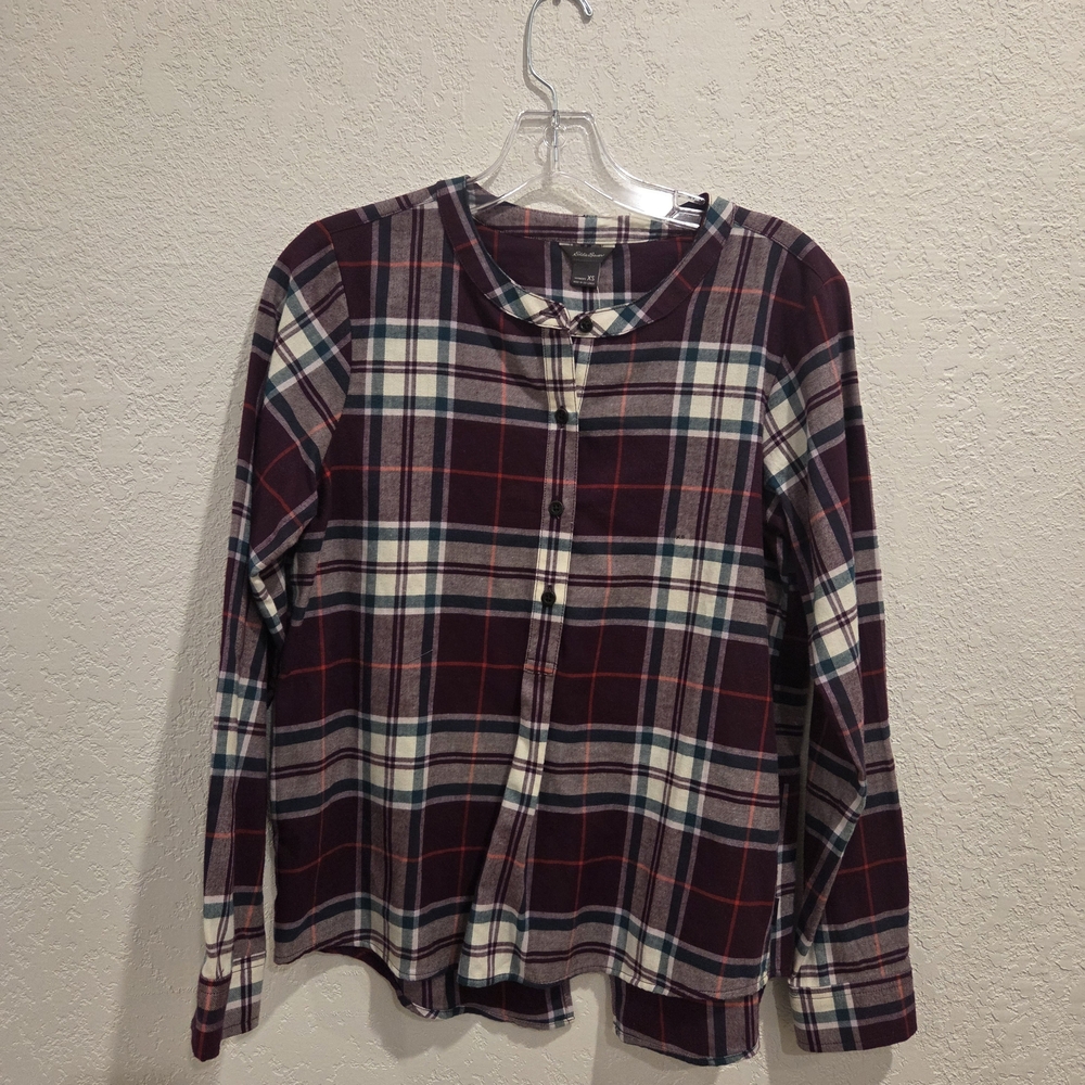 Eddie Bauer Burgundy, White, Red, and Teal Plaid 1/2 Button Up Shirt